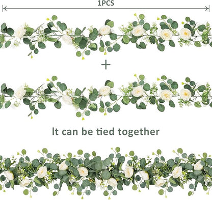TOCHGREEN 4 Pack Artificial Eucalyptus Flower Garland with White Roses, Fake Rose Flower Greenery Garland Floral Vines for Wedding Home Party Table Runner Decor (4PCS, White)