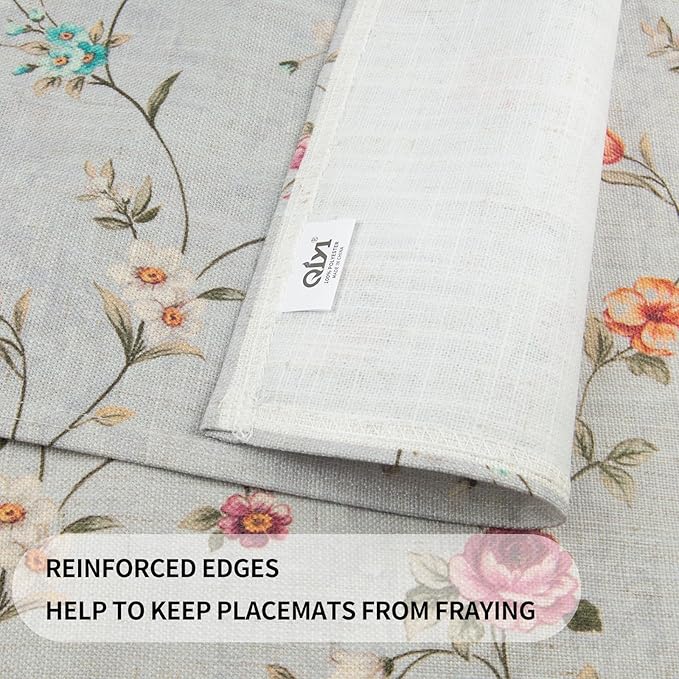 QIYI Boho Placemats Set of 6, 12x18 Inch Linen Fabric Floral Place Mats for Kitchen Dinning, Farmhouse Rustic Cloth Table Mats, Washable Placemat Party Table Décor, Vintage Pink Flowers