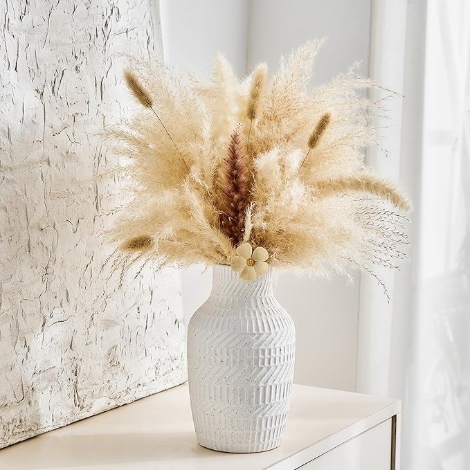 Modern White Ceramic Vase, Boho Flower Vases for Decor, 5.1" W x 8.7" H Modern Vase with Textured Pattern Table Centerpiece for Living Room Office Bedroom (Matte White Vase)