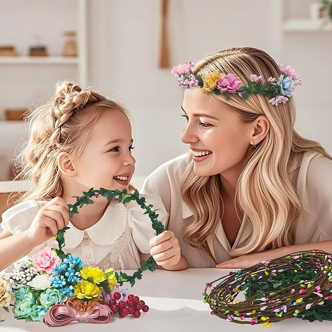 Flower Crowns Making Kit,20 Sets Make Your Own Flower Crown Crafting Kit Blooming Rose Wreath Headband and Bracelet Making Kit DIY Floral Crown Wedding Party Fairy Hair Accessories Gift for Girls