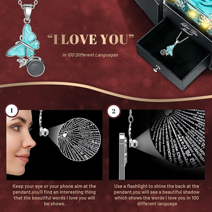 DRTINA Preserved Blue Real Rose with I Love You Butterfly Necklace-Eternal Flowers Rose Birthday Gifts for Wife Women Mom Girlfriend Grandma on Mothers Day Anniversary Christmas Valentines Romantic