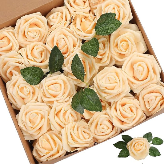 Artificial Flowers Roses 50pcs Champagne Roses Wedding Bouquets Real Looking Foam Fake Roses with Stems for DIY Bridal Shower Centerpieces Arrangements Party Tables Decorations