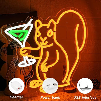 Squirrel Drinking Martini Neon Sign for Wall Decor Cocktail Martini Neon Light Squirrel LED Light Animal Neon Lights for Room Wall Decor Bar Club Neon Light Game Room