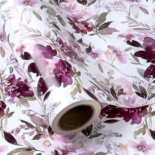 WRAPAHOLIC 30 Inch Reversible Floral Wrapping Paper - 30 Inch X 33 Feet - Purple Flower Wrapping Paper for Wedding, Birthday, Mothers Day, Baby Shower, Anniversary, Bridal Shower