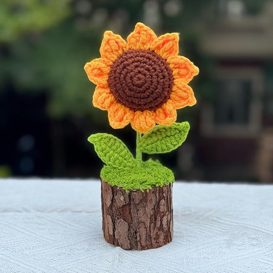 Crochet Sunflower Artificial Flowers Handmade Sunflower Bouquet Creative Knitted Potted Plant Gifts for Women Home Office Desk Car Decor
