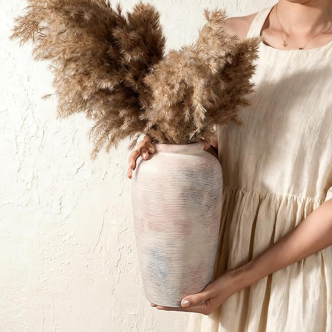 Large Rustic Ceramic Vase, 11 Inch Farmhouse Decorative Vases for Home Decor, Vintage Tall Flower Vase for Dining Table Centerpiece Living Room Kitchen Fireplace Mantle Bookshelf, Wabi Sabi Decoration