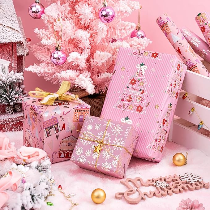 WRAPAHOLIC Christmas Wrapping Paper Roll - Mini Roll - 3 Rolls - 17 Inch X 120 Inch Per Roll - Pink Christmas tree, House, Snowflake Holiday Collection
