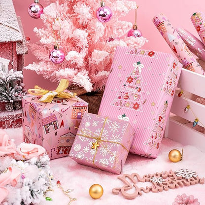 WRAPAHOLIC Christmas Wrapping Paper Roll - Mini Roll - 3 Rolls - 17 Inch X 120 Inch Per Roll - Pink Christmas tree, House, Snowflake Holiday Collection