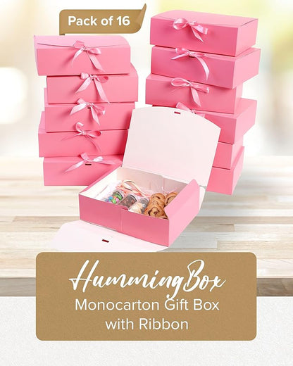 HummingBox Pink Gift Box Set of 16 - Gift Boxes for Presents & gifting on weddings, birthdays & more - Easy to Assemble Pink Gift Boxes With Lids & Ribbon Closure - Decorative Boxes With Lids