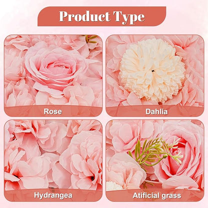 12Pcs Artificial Flower Wall Panel 3D Floral Backdrop Walls 15" X 15" Flower Wall Decor Flower Backdrop Faux Flowers Panel for Party Home Background Decor, Pink/Champagne