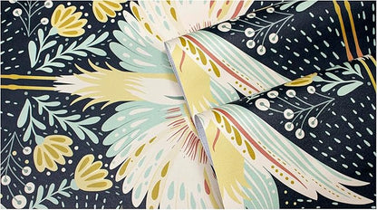 HAOKHOME Crane Wallpaper Peel and Stick Boho Floral Bird Dots Wall Paper Japanese Chinoiserie Dark Green/Beige/Yellow Accent Wall Decor 17.3in x 9.8ft