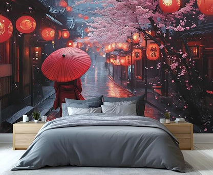 KIREUPA Japanese Street Wall Mural, Cherry Blossom Lantern Scene 3d Wall Murals, Romantic Rainy Evening Japan Wallpaper Mural, for Living Room Bedroom Large Wallpaper Indoor Decor 59" W x39.4 H