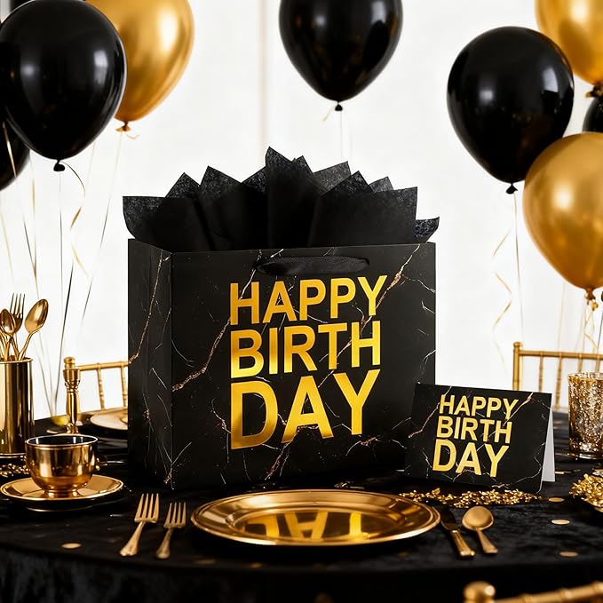 ASYEHJNR 13" Large Size Black Gold Birthday Gift Bag Marble with Metallic Gold Happy Birthday Sign Gift Bag with Greeting Card and Tissue Paper for Boy Men Bday Supplies
