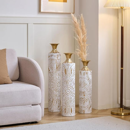 Floor Vases, Tall Home Decor Metal Vase Set of 3 Large Glazed Decorative Vases for Wedding Decor, Elegant Modern Flower Holder for Living Room, Entryway, Hallway, Dining Room