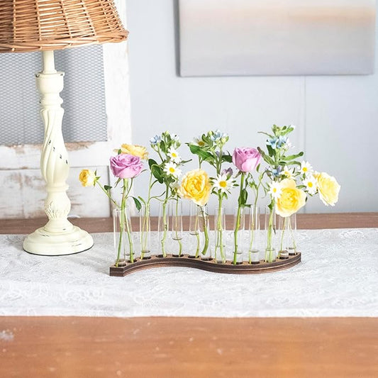 Test Tube Vases for Flowers，Small Plant Propagation Station，S Shape Plant Terrarium with Wooden Stand(Amber)