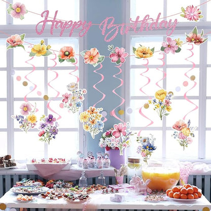 Wildflower Happy Birthday Decorations - 10 Pcs Birthday Party Decorations for Girls Glitter Banner Garland Floral Hanging Swirls Decor Flower Decoration for Women Party Supplies