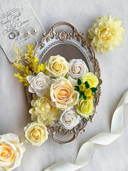 Roses Artificial Flowers Yellow Combo Box Set Fake Flower Bulk for DIY Bouquet Wedding Centerpieces for Table Bridal Baby Shower Party Decorations Silk Floral Arrangements Home Decor Indoor