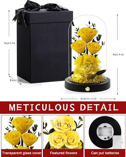 Christmas Flowers Roses Gifts for Mom,Forever Real Preserved Roses in Glass Dome,Christmas Anniversary Thanksgiving Gifts for Wife Girlfriend Women Best Friend Grandma/Yellow Rose