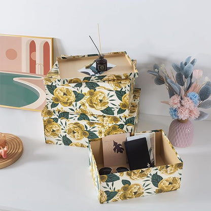 Soul & Lane Decorative Cardboard Storage Boxes with Lids for Home Decor and Organization, Set of 3 Large Keepsake Boxes for Memories & Gifts, Nesting Floral Photo Storage Containers, Golden Peony