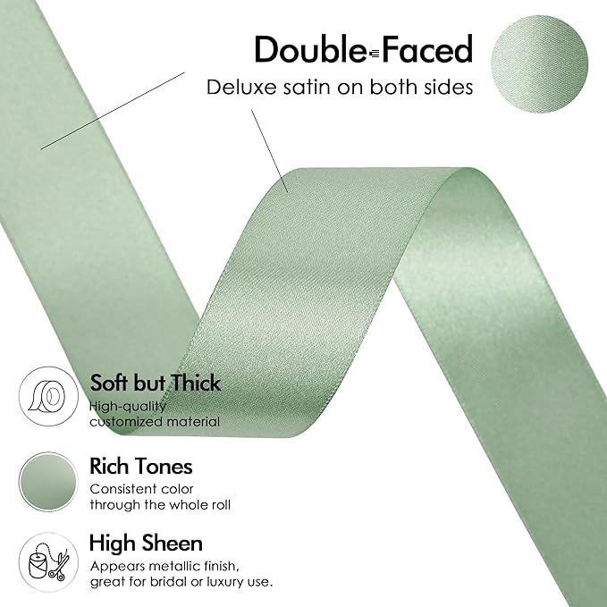 MEEDEE Sage Green Ribbon 1 Inch Sage Green Satin Ribbon Lux Double Faced Satin Ribbons by 50 Yards Polyester Green Wrapping Ribbons for Crafts, Weddings, Flower Bouquet, Holiday Decorating
