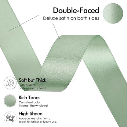 MEEDEE Sage Green Ribbon 1 Inch Sage Green Satin Ribbon Lux Double Faced Satin Ribbons by 50 Yards Polyester Green Wrapping Ribbons for Crafts, Weddings, Flower Bouquet, Holiday Decorating