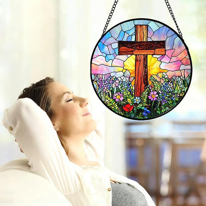 Christian Gifts for Women - Cross Stained Glass Window Hanging Jesus Easter Colorful Wildflowers Sun Catcher Garden Religion Decor Mother's Day Catholic Gift for Men Grandma Mom Her 6.3"