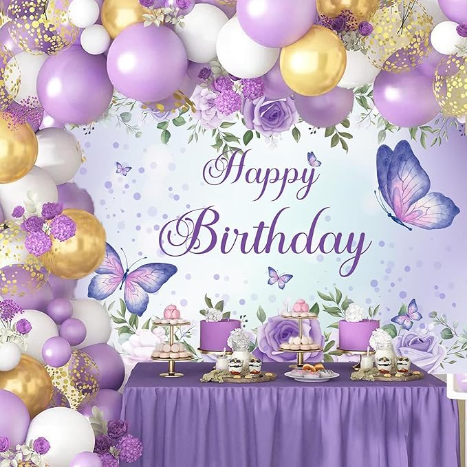 8x6Ft Purple Butterfly Birthday Banner Backdrop for Women Girl Purple Happy Birthday Backdrop Banner (96x72 Inch) Rose Flowers Butterfly Decortions Background for GILR 's Party