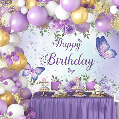 8x6Ft Purple Butterfly Birthday Banner Backdrop for Women Girl Purple Happy Birthday Backdrop Banner (96x72 Inch) Rose Flowers Butterfly Decortions Background for GILR 's Party