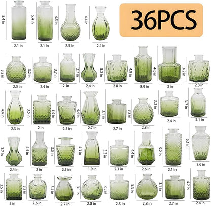 Glass Bud Vases Set of 36PCS, Small Flower Vases for Wedding Centerpiece Table Decoration, Vintage Vase in Bulk for Flower Arrangements, Mini Vase for Birthday Party, Festival Home Decor,Green