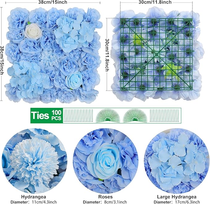 Artificial Flower Wall Panel 15*15inches -12 Pack Silk Rose Hydrangea 3D Flower Wall Décor Backdrop for Wedding Arrangement Wall Background Party Panel Decorations UV Protected Handmade -Light Blue