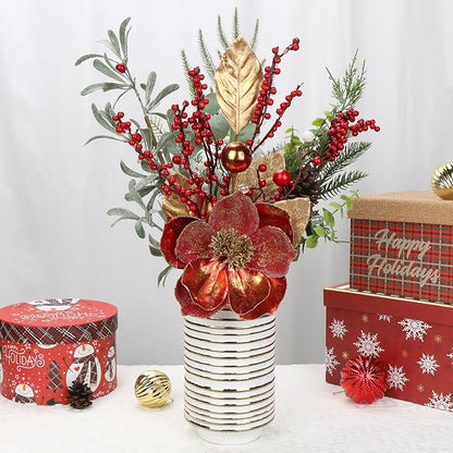 Briful 2PCS Christmas Glitter Magnolia Flowers Picks and Spray with Christmas Balls Ornament Red Berries Gold Leaves Branches for Xmas Tree Wreath Vase Floral Arrangement (Red Gold)