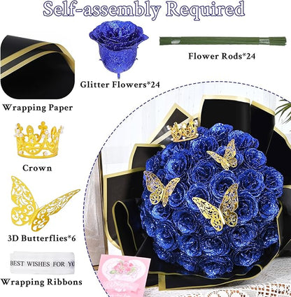 Waipfaru 24 Pcs Glitter Roses Bouquet, DIY Fake Flowers Bouquet, Artificial Blue Rose Bouquet for Valentines, Mothers Day Gifts, Anniversary, Engagement, Wedding