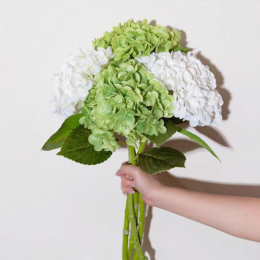 WILD WORKS Hydrangea Artificial Flower Natural Lifelike Real 21 inch Latex Long Stem 2 White+2 Dark Green Hydrangea Flower Bouquets for Christmas Decor Home Party Outdoor Wedding Decoration