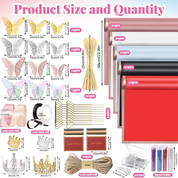 311Pcs Flower Wrapping Paper Kit with 100 Sheets Waterproof Floral Wrapping Paper 3D Butterfly Decor Crowns,Bouquet Pins Ribbons,DIY Crafts for Mother's Day Valentines Graduation Birthday Gift