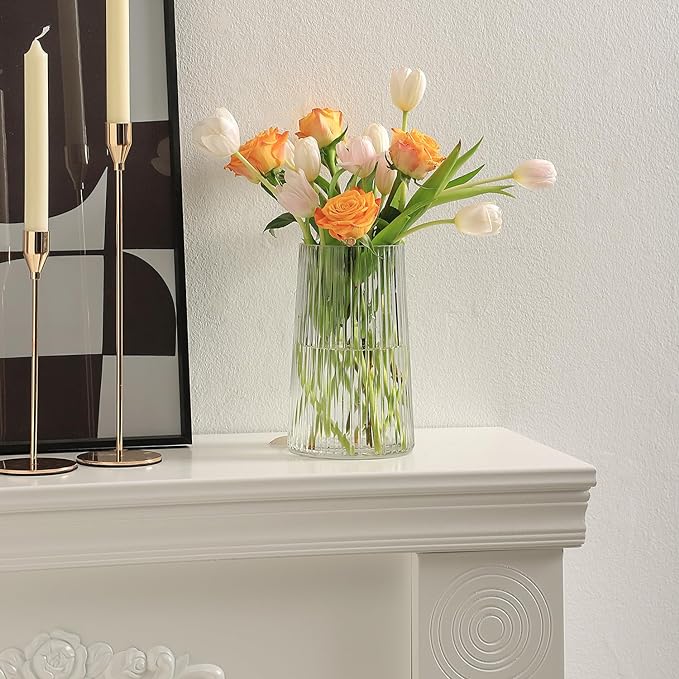 Clear Glass Vase for Flower, Flower Vase for Bouquet, Modern Glass Vases, Ribbed Vases for Living Room, Bedroom, Dining Table, Office, Wedding, Centerpieces, 8 Inches