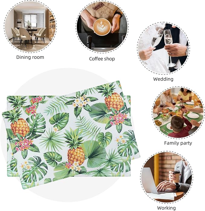 Pineapple Placemats Set of 4 Tropical Palm Leaves Plants Table Mats Washable Place Mats for Home Party Indoor Kitchen Dining Table Decoration 12x18 Inch