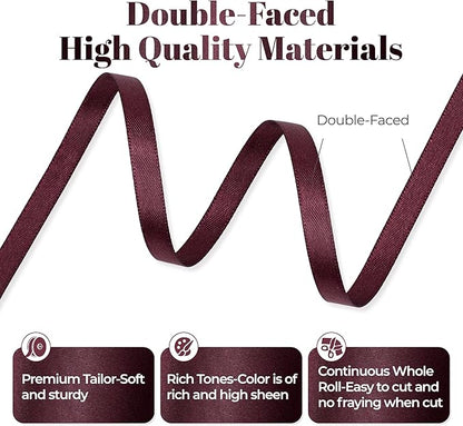 Burgundy Satin Ribbon, Double Faced 1/4 Inch X 25 Yards Burgundy Ribbon, Premium Satin Ribbon for Gift Wrapping, Crafts, Hair Bow Making, Sewing, Flower Bouquet, Wedding Party Decor
