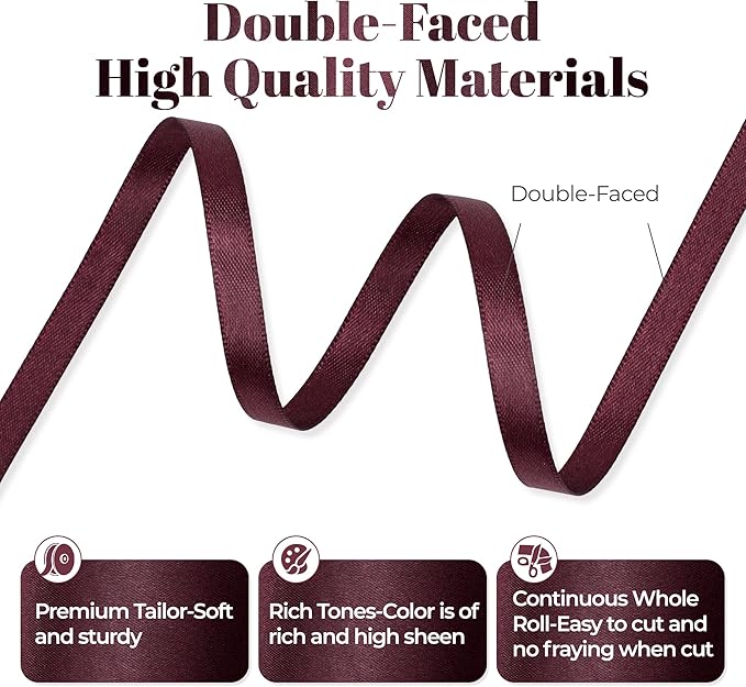 Burgundy Satin Ribbon, Double Faced 1/4 Inch X 50 Yards Burgundy Ribbon, Premium Satin Ribbon for Gift Wrapping, Crafts, Hair Bow Making, Sewing, Flower Bouquet, Wedding Party Decor