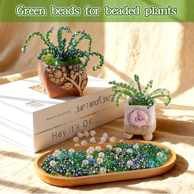 FOGWOWO 5422 Pcs Beaded Plant Kit Green Glass Beads for Plant Making with Video Tutorials,Green Beads for Beaded Plants Nature Colorful Crystal Glass Leaf Bead for DIY Crafts Plants Lover Gifts