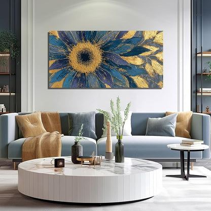 JuhaiArt Gold Wall Decor Blue Floral Wall Picture Canvas Sunflower Abstract Flower Wall Art for Living Room Bedroom Home Office 24" x 48"