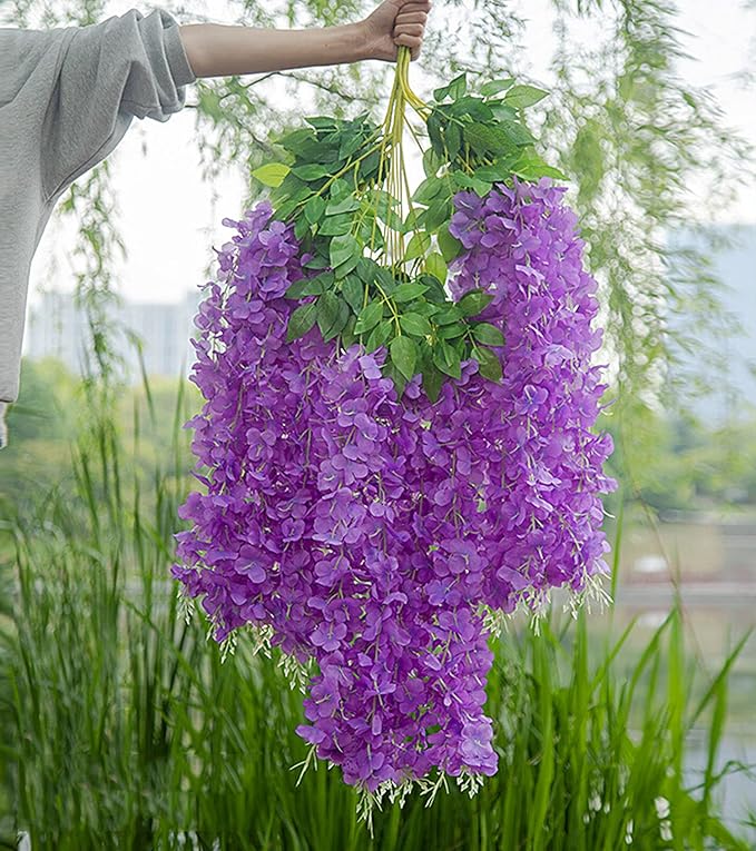 Artificial Flowers Hanging Flowers, Fake Garland Silk Vines Rattan String Decor for Home Wedding Arch Wall Garden Greenery Bedroom Outdoor Office Party Decoration (12, Purple)