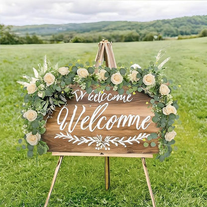TOCHGREEN 2Pcs(13 Ft) Artificial Eucalyptus Flower Garland with Champagne Rose Flowers,Faux Rose Vine Gypsophila,Floral Greenery for Home Wedding Table Decor (Champagne, 2PCS)