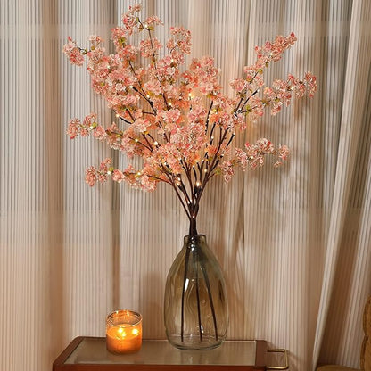 Sunm Boutique 3 PCS Silk Cherry Blossom Branches - Lighted Brown Twig Branches, Artificial White Flower Stems, 39'' Faux Tree for Wedding Home Decor