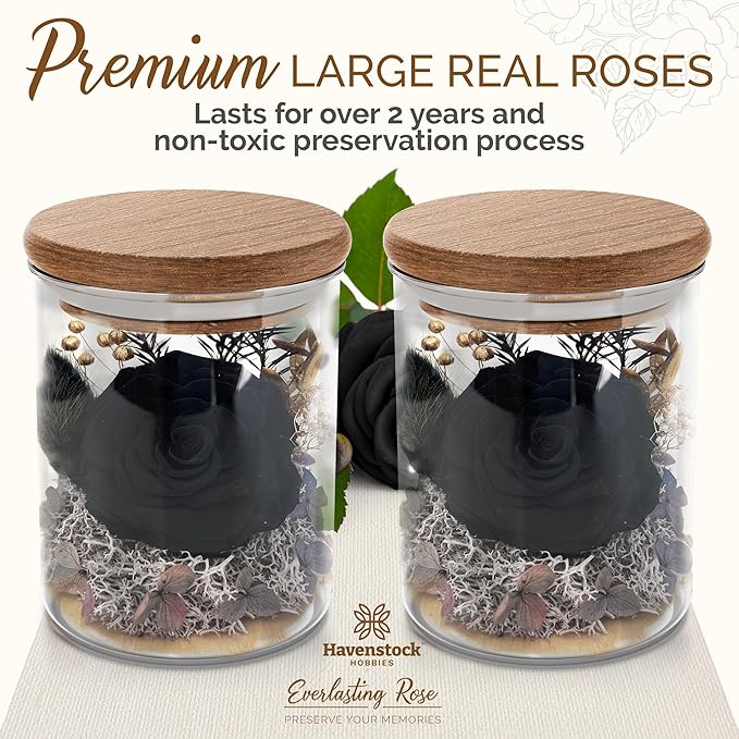 Black Rose Premium Eternal Roses - Real Preserved Rose in Glass Dome - Gothic Style Decor for Funeral Occasions