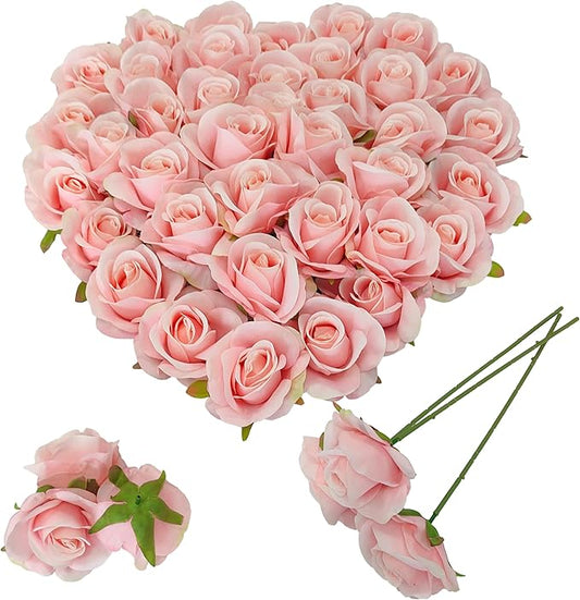 Artificial Satin Rose Flower Heads,42 Pcs Silk Rose Heads with Stems,3.5'' Rose Artificial Flowers Bulk,Artificial Rose Flower Heads for DIY Crafts Bouquet (42, Light Pink)