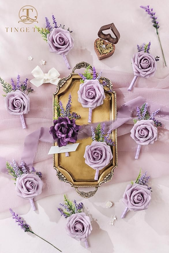 TINGE TIME Boutonniere for Men Wedding - 10pcs Purple Groom & Groomsmen Boutonnieres Set for Wedding Ceremony, Anniversary, Prom, Formal Dinner, Rustic Spring Wedding(Lavender & Plum)