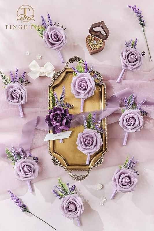 TINGE TIME Boutonniere for Men Wedding - 10pcs Purple Groom & Groomsmen Boutonnieres Set for Wedding Ceremony, Anniversary, Prom, Formal Dinner, Rustic Spring Wedding(Lavender & Plum)