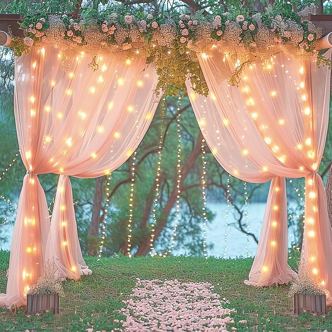 20x10ft Peach Tulle Backdrop Curtain with Lights String for Parites, Sheer Backdrop Curtains for Wedding Baby Shower Birthday Party Photo Shoot Decorations