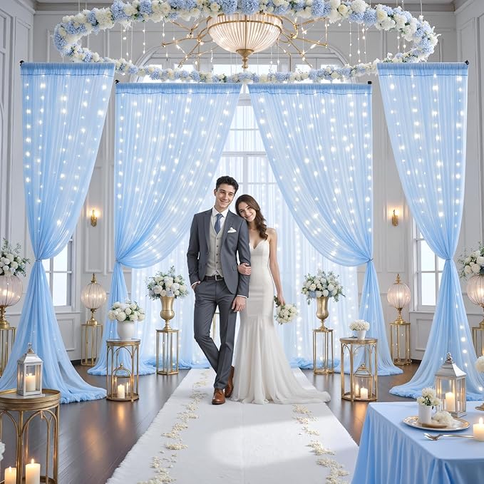 10ft x 10ft Baby Blue Tulle Photo Backdrop Curtain with Lights String for Parties Wedding Sheer Blue Curtain Backdrop for Birthday Party Baby Shower Boy Photo Booth Photography Background Decorations
