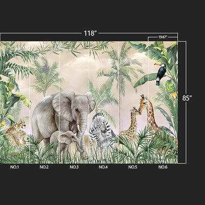 Tropical Animal Plants Peel and Stick wallpeper Nursery Kids Bedroom Elephant Wall murals for Bedroom Living Room - 85"x118"
